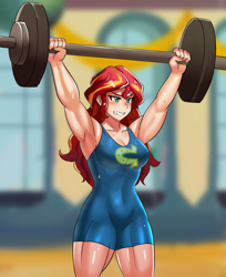 Size: 800x982 | Tagged: safe, artist:tzc, character:sunset shimmer, my little pony:equestria girls, anime, armpits, barbell, bodysuit, breasts, busty sunset shimmer, clothing, commission, female, gritted teeth, human coloration, leotard, muscles, muscular female, sunset lifter, sweat, thighs, thunder thighs, weight lifting, wondercolts