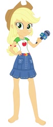 Size: 373x899 | Tagged: safe, artist:marcorois, edit, editor:thomasfan45, character:applejack, species:human, episode:best in show: the pre-show, g4, my little pony: equestria girls, my little pony:equestria girls, spoiler:eqg series (season 2), applejack's hat, barefoot, belt, clothing, cowboy hat, cute, denim skirt, feet, female, freckles, hand on hip, hat, jackabetes, legs, looking at you, microphone, ponytail, shirt, simple background, skirt, smiling, solo, vector, white background