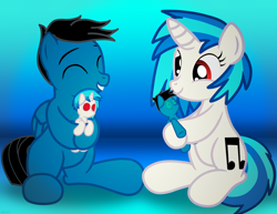 Size: 8544x6600 | Tagged: safe, artist:agkandphotomaker2000, character:dj pon-3, character:vinyl scratch, oc, oc:pony video maker, species:pegasus, species:pony, species:unicorn, canon x oc, crush plush, female, holding a plushie, hug, hugging a plushie, male, mare, plushie, self plushidox, shipping, show accurate, simple background, smiling, stallion, straight, videoscratch