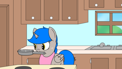 Size: 1920x1080 | Tagged: safe, artist:spritepony, oc, oc only, oc:sprite, species:alicorn, species:pony, newbie artist training grounds, alicorn oc, apron, clothing, cooking, horn, kitchen, mouth hold, pan, solo, stove, wings