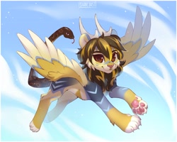 Size: 4096x3277 | Tagged: safe, artist:share dast, oc, oc only, oc:lightning chaser, species:chimera, ball python, cloud, colored wings, commission, flying, furry, looking at you, manticore, markings, multicolored body, multicolored wings, paw pads, paws, python, sky, snake, solo, wings
