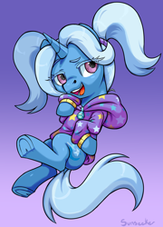 Size: 3728x5192 | Tagged: safe, artist:moonseeker, character:trixie, species:pony, species:unicorn, alternate hairstyle, babysitter trixie, clothing, female, hoodie, open mouth, purple background, simple background, solo