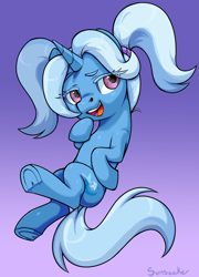 Size: 3728x5192 | Tagged: safe, alternate version, artist:moonseeker, character:trixie, species:pony, species:unicorn, alternate hairstyle, babysitter trixie, female, open mouth, purple background, simple background, solo