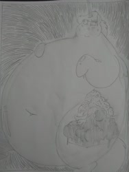Size: 1944x2592 | Tagged: safe, artist:princebluemoon3, commissioner:bigonionbean, writer:bigonionbean, species:alicorn, species:pony, comic:the chaos within us, amorphous, belly, black and white, bloated, bloating, blushing, butt, canterlot, chaos, chubby, chubby cheeks, comic, cutie mark, dialogue, dream, embarrassed, fat, fat ass, female, flank, floating, food, food pony, fusion, grayscale, grimdark series, grotesque series, horrified, horror, magic, mare, monochrome, night, nightmare, obese, original species, out of control magic, plot, ponified, random pony, smiling, stomach, sweat, sweating profusely, swelling, terrified, traditional art, transformation, weight gain, weight gain sequence