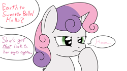 Size: 1920x1080 | Tagged: safe, artist:spritepony, character:sweetie belle, species:pony, species:unicorn, newbie artist training grounds, concentrating, dialogue, female, offscreen character, simple background, solo, speech bubble, talking, thinking
