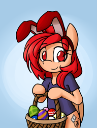 Size: 3055x4000 | Tagged: safe, artist:spheedc, oc, oc:ginger ferrochrome, species:pegasus, species:pony, basket, bunny ears, clothing, commission, cute, digital art, easter, easter egg, gradient background, holiday, semi-anthro, shirt, solo, ych result, your character here