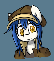 Size: 937x1053 | Tagged: safe, artist:spheedc, oc, oc:light chaser, species:earth pony, species:pony, blue hair, clothing, digital art, female, hat, mare, semi-anthro, simple background, smiling, smiling at you, solo, yellow eyes