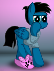 Size: 5036x6600 | Tagged: safe, artist:agkandphotomaker2000, oc, oc:pony video maker, species:pegasus, species:pony, bunny slippers, clothing, eye bag, looking at you, messy mane, messy tail, shirt, simple background, slippers, t-shirt, woke up like this
