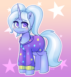 Size: 1151x1246 | Tagged: safe, artist:puetsua, gameloft, character:trixie, species:pony, species:unicorn, alternate hairstyle, babysitter trixie, chest fluff, clothing, cute, diatrixes, ear fluff, female, gameloft interpretation, hoodie, leg fluff, no pupils, pigtails, purple background, simple background, solo, stars, twintails
