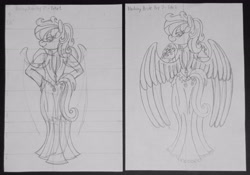 Size: 4528x3168 | Tagged: safe, artist:supra80, oc, oc:cold front, species:anthro, species:pegasus, species:pony, species:unguligrade anthro, anthro oc, black and white, clothing, crossdressing, dress, femboy, grayscale, hand on hip, looking back, looking over shoulder, male, monochrome, sketch, sketch dump, traditional art, wedding dress, wings