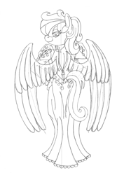 Size: 2550x3600 | Tagged: safe, artist:supra80, oc, oc:cold front, species:anthro, species:pegasus, species:pony, species:unguligrade anthro, anthro oc, black and white, clothing, crossdressing, dress, dressing, femboy, grayscale, hand on hip, looking back, looking over shoulder, male, monochrome, sketch, traditional art, wedding dress, wings, zipper