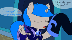 Size: 1920x1080 | Tagged: safe, artist:spritepony, character:nightmare moon, character:princess luna, oc, oc:sprite, species:alicorn, species:pony, newbie artist training grounds, alicorn oc, alternate hairstyle, alternate universe, castle of the royal pony sisters, dialogue, eyes closed, holding hooves, horn, speech bubble, talking, wings