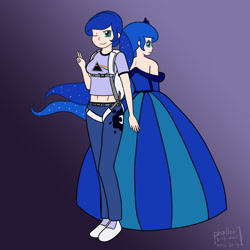 Size: 1000x1000 | Tagged: safe, artist:phallen1, character:princess luna, species:human, newbie artist training grounds, atg 2020, back to back, belly button, clothing, dress, duality, gown, gradient background, humanized, jeans, looking over shoulder, midriff, one eye closed, pants, parachute, peace sign, pink floyd, self paradox, shirt, simple background, t-shirt, the dark side of the moon, wink