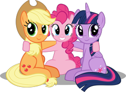 Size: 9635x7072 | Tagged: safe, artist:mrkat7214, character:applejack, character:pinkie pie, character:twilight sparkle, character:twilight sparkle (alicorn), species:alicorn, species:earth pony, species:pony, absurd resolution, grin, looking at you, simple background, sitting, smiling, smiling at you, transparent background, trio, vector