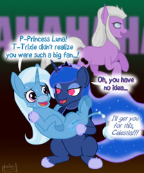 Size: 1000x1200 | Tagged: safe, artist:phallen1, character:princess luna, character:trixie, species:alicorn, species:donkey, species:pony, newbie artist training grounds, a midsummer night's dream, atg 2020, bridal carry, carrying, dialogue, donkeycorn, heart eyes, lunatrix, mind control, puck, shipping, species swap, sweat, want it need it, wingding eyes