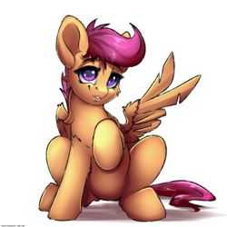 Size: 3000x3000 | Tagged: safe, artist:skitsroom, character:scootaloo, species:pegasus, species:pony, cute, cutealoo, female, filly, high res, raised hoof, simple background, sitting, solo, white background, wings