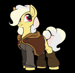 Size: 2116x2064 | Tagged: safe, artist:smirk, oc, oc only, oc:mutter butter, species:earth pony, species:pony, black background, cloak, clothing, full body, hair over one eye, hair tie, leg warmers, ms paint, simple background, solo