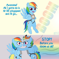 Size: 1000x1000 | Tagged: safe, artist:phallen1, character:rainbow dash, species:pegasus, species:pony, newbie artist training grounds, atg 2020, back to the future, bandage, comic, dialogue, duality, eyepatch, flux capacitor, harness, ponidox, self ponidox, simple background, tack, time paradox, time travel, warning