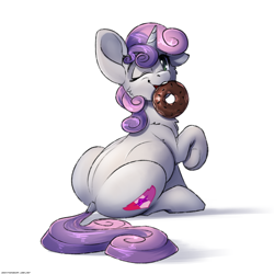 Size: 3000x3000 | Tagged: safe, artist:skitsroom, character:sweetie belle, species:pony, species:unicorn, butt, cheek fluff, chest fluff, chubby, cute, cutie mark, diasweetes, dock, donut, ear down, female, filly, food, looking back, mouth hold, one eye closed, raised hoof, simple background, solo, sweetie butt, the cmc's cutie marks, underhoof, white background