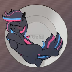 Size: 1400x1400 | Tagged: safe, artist:puetsua, oc, oc only, oc:neon darksky, species:bat pony, species:pony, behaving like a cat, bowl, cute, happy, ponified animal photo, sleeping, smiling, solo, weapons-grade cute