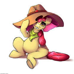 Size: 3000x3000 | Tagged: safe, artist:skitsroom, character:apple bloom, species:earth pony, species:pony, adorabloom, applejack's hat, belly, clothing, cowboy hat, cute, female, filly, hat, mouth hold, scarf, simple background, solo, straw in mouth, white background