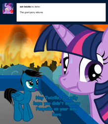 Size: 3600x4109 | Tagged: safe, artist:agkandphotomaker2000, character:twilight sparkle, oc, oc:pony video maker, oc:twizilla, species:pegasus, species:pony, ask, chaos, destruction, dialogue, fire, forest, looking away, ponyville, rooftop, show accurate, sweat, tree, tumblr, tumblr:pony video maker's blog, twizilla