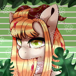 Size: 2000x2000 | Tagged: safe, artist:etoz, oc, oc only, species:pony, bust, female, flower, horns, mare, plant, request, requested art, solo