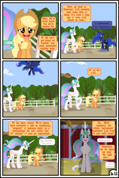 Size: 3255x4838 | Tagged: safe, artist:gutovi, character:applejack, character:princess celestia, character:princess luna, species:alicorn, species:earth pony, species:pony, comic:why me!?, ship:applelestia, alternate ending, alternate hairstyle, comic, denied, explicit series, female, freckles, imminent punishment, impending doom, it was at this moment that she knew she fucked up, lecture, lesbian, missing accessory, now you fucked up, pigtails, scolding, shipping, shipping denied, sweat, sweatdrop, sweet apple acres