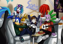 Size: 2328x1610 | Tagged: safe, artist:ss2sonic, character:dj pon-3, character:pipsqueak, character:sonic the hedgehog, character:spike, character:vinyl scratch, species:anthro, band, clothing, crossover, game gear, knuckles the echidna, miles "tails" prower, sega, sonic the hedgehog (series)