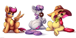 Size: 6000x3000 | Tagged: safe, artist:skitsroom, character:apple bloom, character:scootaloo, character:sweetie belle, species:earth pony, species:pegasus, species:pony, species:unicorn, adorabloom, applejack's hat, belly, butt, cheek fluff, chest fluff, clothing, cowboy hat, cute, cutealoo, cutie mark, cutie mark crusaders, diasweetes, dock, donut, ear down, female, filly, food, hat, high res, looking back, mouth hold, one eye closed, raised hoof, scarf, simple background, sitting, straw in mouth, sweetie butt, the cmc's cutie marks, underhoof, white background