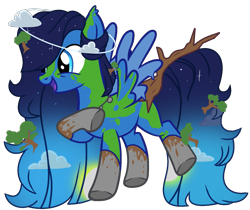 Size: 1507x1268 | Tagged: safe, artist:pegasski, artist:rukemon, base used, oc, oc only, oc:terra natura, species:pegasus, species:pony, cloud, commission, dirt, earth, ethereal mane, female, galaxy mane, halo, jewelry, mare, markings, multicolored hair, necklace, open mouth, raised hoof, raised leg, rock, simple background, solo, stick, transparent background, tree, wood