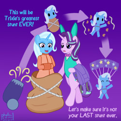 Size: 1000x1000 | Tagged: safe, artist:phallen1, character:starlight glimmer, character:trixie, species:pony, newbie artist training grounds, arrows, atg 2020, bag, bondage, bunny ears, bunny suit, cannon, clothing, diagram, dialogue, escape act, leotard, parachute, pony cannonball, rope, semi-anthro, straitjacket, stunt, trixie's cannon