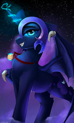 Size: 1800x3000 | Tagged: safe, artist:skitsroom, character:nightmare moon, character:princess luna, species:alicorn, species:bat pony, species:pony, 1st place, bat pony alicorn, bat wings, chest fluff, cloud, female, floppy ears, fluffy, glowing eyes, glowing horn, grin, helmet, horn, leg fluff, lidded eyes, looking at you, magic, mare, medal, neck fluff, night, nightmare luna, shoulder fluff, sky, smiling, smirk, smug, solo, spread wings, stars, telekinesis, wings