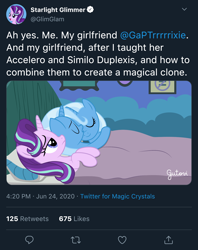 Size: 1920x2424 | Tagged: safe, artist:gutovi, character:starlight glimmer, character:trixie, species:pony, ship:startrix, accelero, ah yes me my girlfriend and her x, bed, blanket, clone, cuddling, exploitable meme, female, hug, lesbian, meme, meta, multeity, narcissism, picture frame, pillow, ponidox, self ponidox, selfcest, shipping, similo duplexis, starlight's room, trixtrix, twitter