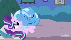 Size: 3151x1772 | Tagged: safe, artist:gutovi, character:starlight glimmer, character:trixie, species:pony, ship:startrix, accelero, ah yes me my girlfriend and her x, bed, blanket, clone, cuddling, exploitable meme, female, hug, lesbian, meme, meta, multeity, narcissism, picture frame, pillow, ponidox, self ponidox, selfcest, shipping, similo duplexis, starlight's room, trixtrix