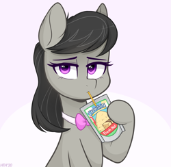 Size: 1229x1200 | Tagged: safe, artist:higgly-chan, character:octavia melody, species:earth pony, species:pony, bow tie, capri sun, drink, drinking, drinking straw, female, hay, hoof hold, looking at you, mare, simple background, sipping, solo, straw, white background