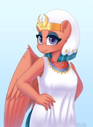 Size: 1280x1749 | Tagged: safe, artist:puetsua, character:somnambula, species:anthro, species:pegasus, species:pony, g4, animal crossing, animal crossing: new horizons, breasts, busty somnambula, clothing, egyptian, egyptian pony, female, gradient background, looking at you, mare, palatial tank dress, simple background, solo