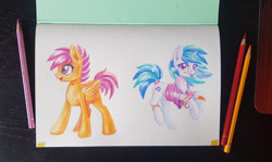 Size: 1500x894 | Tagged: safe, artist:maytee, character:dj pon-3, character:scootaloo, character:vinyl scratch, species:pegasus, species:pony, species:unicorn, colored pencil drawing, smiling, traditional art