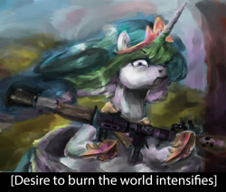 Size: 1379x1176 | Tagged: safe, artist:toisanemoif, edit, character:princess celestia, species:alicorn, species:pony, angry, badass, female, jewelry, looking at you, meme, regalia, rocket launcher, sitting, solo, some mares just want to watch the world burn, weapon