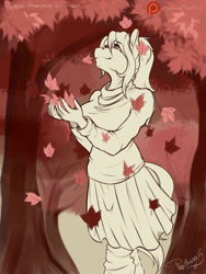 Size: 1500x2000 | Tagged: safe, artist:phathusa, oc, oc only, oc:colette laitier, species:anthro, species:earth pony, species:pony, autumn, beauty mark, breasts, clothing, eyebrows, eyelashes, falling leaves, female, fingers, leaves, outdoors, skirt, solo, sweater