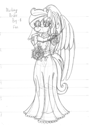 Size: 2550x3620 | Tagged: safe, artist:supra80, oc, oc only, oc:cold front, species:anthro, species:pegasus, g4, anthro oc, black and white, bouquet, bridal veil, clothing, crossdressing, dress, eye clipping through hair, femboy, flower, grayscale, male, monochrome, pegasus oc, rose, sketch, solo, stallion, traditional art, wedding dress, wings