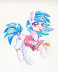 Size: 792x978 | Tagged: safe, artist:maytee, character:dj pon-3, character:vinyl scratch, species:pony, species:unicorn, bracelet, clothing, colored pencil drawing, cute, female, jewelry, mare, shirt, simple background, smiling, solo, traditional art, vinylbetes, white background