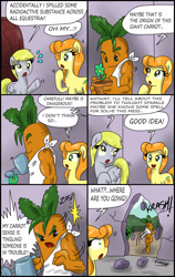 Size: 1959x3090 | Tagged: safe, artist:ciriliko, character:carrot top, character:derpy hooves, character:golden harvest, species:pegasus, species:pony, carrot, comic, creeper, female, food, mare, zas