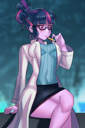 Size: 800x1200 | Tagged: safe, artist:tzc, character:twilight sparkle, character:twilight sparkle (scitwi), species:eqg human, my little pony:equestria girls, bad anatomy, breasts, clothing, crossed legs, female, lab coat, pencil, sitting, skirt, solo, uniform