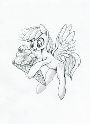 Size: 852x1165 | Tagged: safe, artist:maytee, character:derpy hooves, species:pegasus, species:pony, female, food, grayscale, happy, hoof hold, ice cream, ice cream cone, mare, monochrome, pencil drawing, simple background, smiling, solo, traditional art, white background