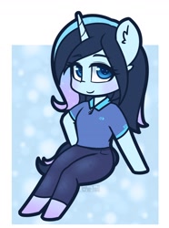 Size: 1068x1438 | Tagged: safe, artist:puetsua, oc, oc only, oc:stardust stellar, species:anthro, species:pony, species:unguligrade anthro, species:unicorn, chibi, clothing, ear fluff, female, looking at you, mare, pants, polo shirt, sitting, smiling, solo