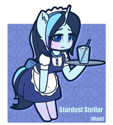 Size: 1322x1466 | Tagged: safe, artist:puetsua, oc, oc only, oc:stardust stellar, species:anthro, species:pony, species:unguligrade anthro, species:unicorn, blushing, chibi, clothing, female, glass, holding, lidded eyes, looking at you, maid, mare, solo, tray