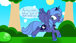 Size: 1920x1080 | Tagged: safe, artist:spritepony, character:princess luna, species:alicorn, species:pony, newbie artist training grounds, atg 2020, crossover, dialogue, fleeing, redraw, running, s1 luna, scared, screaming, slime, speech bubble, talking, terraria