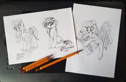 Size: 1280x836 | Tagged: safe, artist:maytee, character:derpy hooves, character:dj pon-3, character:vinyl scratch, species:pegasus, species:pony, species:unicorn, cute, derpabetes, floppy ears, food, ice cream, pencil drawing, sad, traditional art