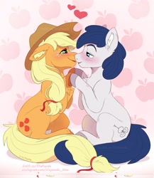 Size: 1944x2244 | Tagged: safe, artist:stepandy, character:applejack, oc, oc:constance everheart, species:earth pony, species:pony, blushing, canon x oc, clothing, everjack, female, hat, heart eyes, kissing, lidded eyes, looking at each other, male, mare, shipping, stallion, straight, wingding eyes